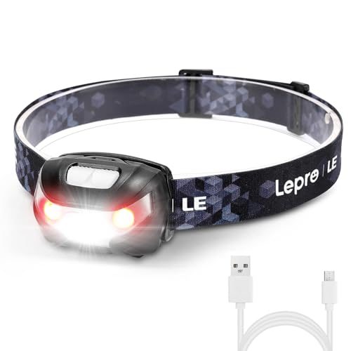 Lepro LEDヘッドライト(USB-C充電)。黒いヘッドバンドとライト本体、付属の充電ケーブル